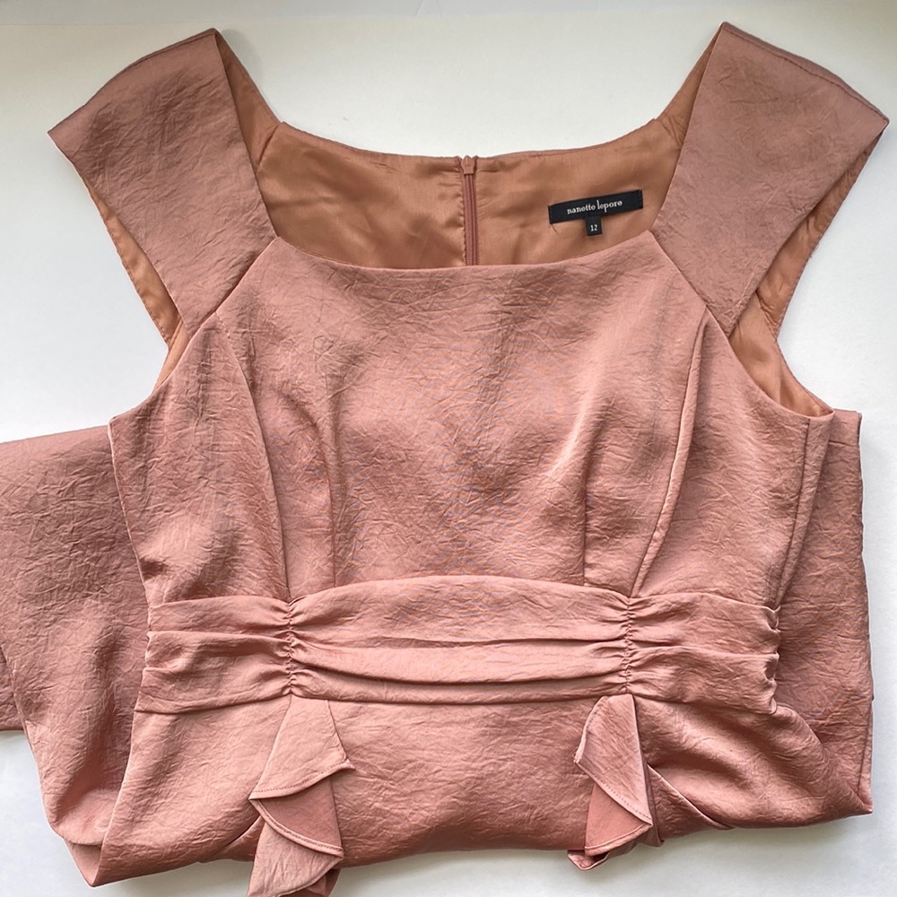 Nanette Lepore sleeveless blush peach silky ruffled cocktail dress, size 12